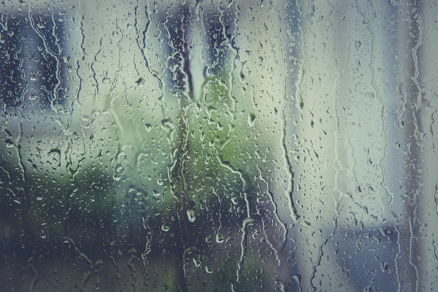 A coffee cup and closed book beside a rain-streaked window